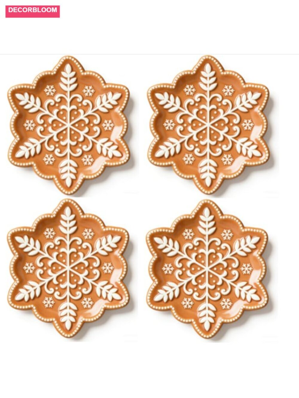 4Pc Ceramic Snowflake Appetizer Plates 7.7 In Gingerbread Scalloped Holiday